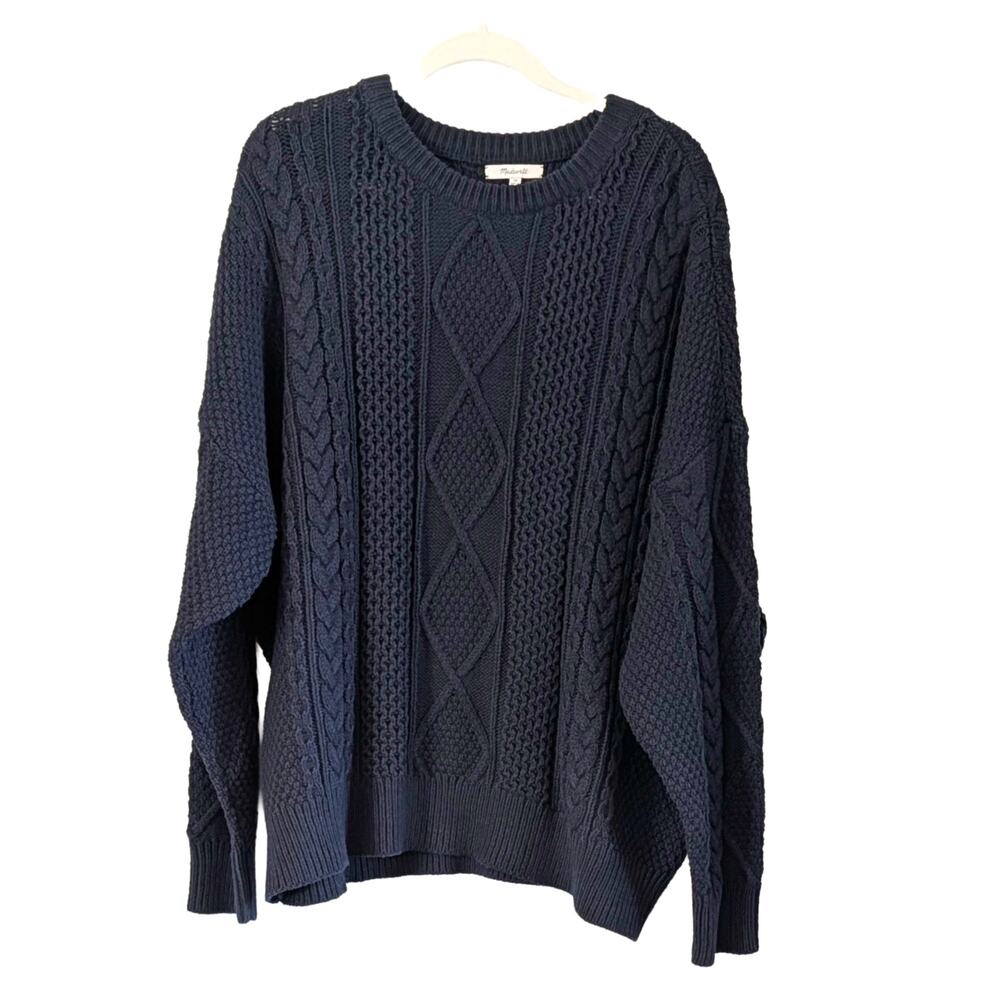 Madewell 3X Navy Blue Cotton Cable Knit Crewneck Sweater Cozy Textured Fisherman